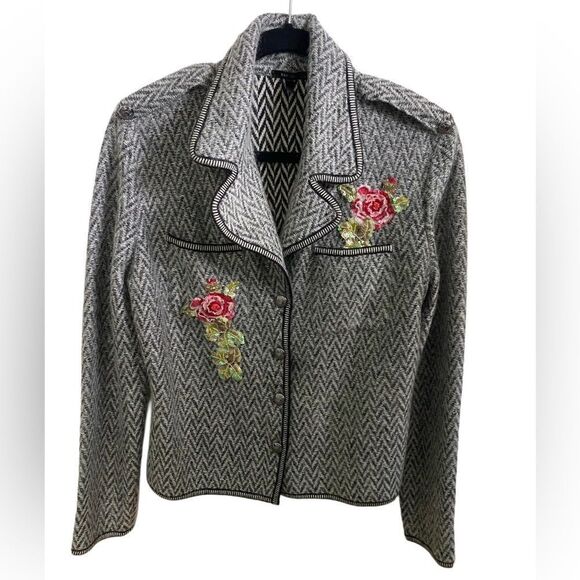 Escada Sweaters - Vintage Women’s Escada Mohair Jacket | Gray Blazer with Sequin Flowers |